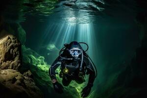 un grupo de diversos explorador un submarino cueva sistema. el agua debería ser oscuro y turbio, con vigas de ligero brillante mediante desde arriba. generativo ai foto