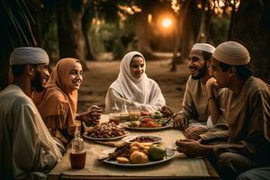 un familia sentado juntos para iftar el rotura de rápido a atardecer.en el mesa lleno de tradicional Ramadán alimentos el familia sonriente y reír. generativo ai foto