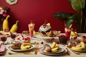 Banana split-themed party, complete with themed decorations, tableware, and guests enjoying their own customized banana split creations, set against a fun, joyful backdrop. Generative AI photo