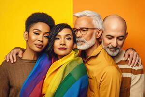 A featuring homosexual couples of different ethnicities, ages and styles embracing over a Pride flag background. Generative AI photo