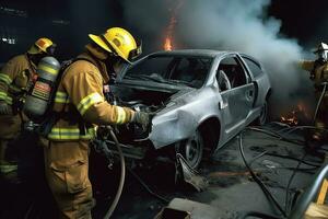 A firefighter with hydraulic grippers extricating a crash test dummy from a mangled vehicle wreckage, hydraulic tools spreading the metal apart. Generative AI. photo