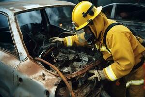 A firefighter with hydraulic grippers extricating a crash test dummy from a mangled vehicle wreckage, hydraulic tools spreading the metal apart. Generative AI. photo