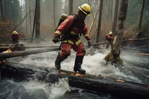 A firefighter walking on a burning log, boots steaming as he tests the stability before the rest of his crew crosses the log. Eyes focused on the path, gloves singed. Generative AI. photo