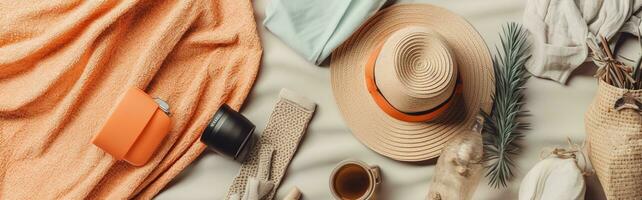 A flat lay image of summer accessories such as sunglasses, hats, and jewelry on a beach towel. The accessories are arranged in a way that is visually pleasing and stylish. Generative AI photo