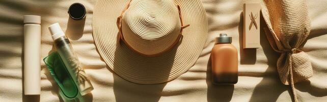 un plano laico imagen de verano accesorios tal como Gafas de sol, sombreros, y joyería en un playa toalla. el accesorios son arreglado en un camino ese es visualmente agradable y elegante. generativo ai foto