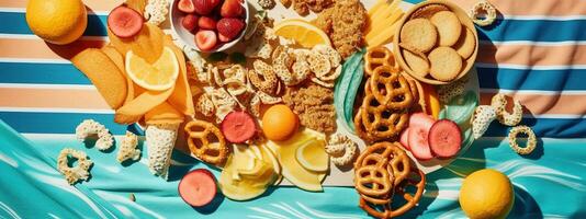 A flat lay image of beach snacks such as popcorn, pretzels, and fruit on a colorful beach blanket. Concept summer theme banner. Generative AI photo