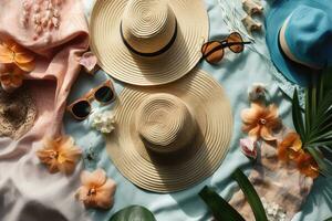 un plano laico imagen de verano accesorios tal como Gafas de sol, sombreros, y joyería en un playa toalla. el accesorios son arreglado en un camino ese es visualmente agradable y elegante. generativo ai foto