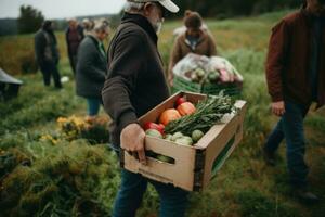 A food co-op agriculture farm. Members are carrying home boxes with the week's fresh, seasonal produce. Supporting local farmers is a pathway to better nutrition and sustainability. Generative AI photo