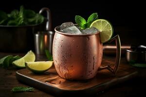 A frosty, Moscow Mule, served in an ice-cold copper mug, garnished with a lime wedge and sprig of mint, surrounded by a refreshing, ice-filled presentation and setting. Generative Ai photo