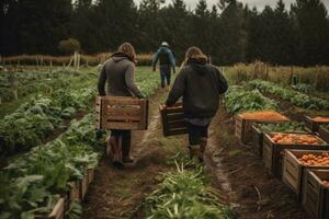 A food co-op agriculture farm. Members are carrying home boxes with the week's fresh, seasonal produce. Supporting local farmers is a pathway to better nutrition and sustainability. Generative AI photo