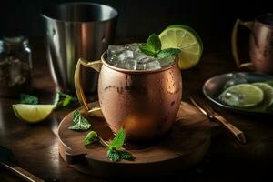 un escarchado, Moscú mula, servido en un frío como hielo cobre taza, adornado con un Lima cuña y puntilla de menta, rodeado por un refrescante, lleno de hielo presentación y ajuste. generativo ai foto