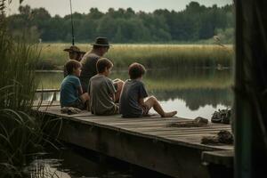 A fun, family fishing trip, with parents teaching their children the art of casting and patiently waiting for a catch, set against a calm, sparkling lake or riverside location. Generative AI. photo