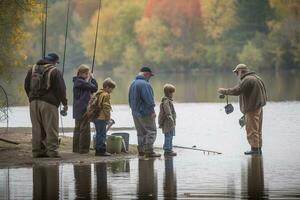 A fun, family fishing trip, with parents teaching their children the art of casting and patiently waiting for a catch, set against a calm, sparkling lake or riverside location. Generative AI. photo