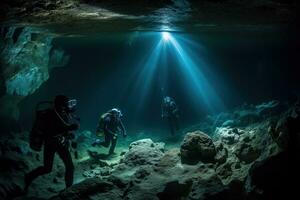 un grupo de diversos explorador un submarino cueva sistema. el agua debería ser oscuro y turbio, con vigas de ligero brillante mediante desde arriba. generativo ai foto