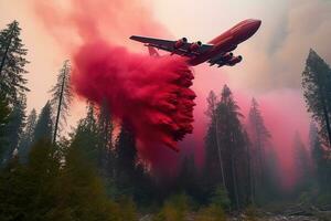 un gigante lucha contra incendios aire petrolero avión volador bajo y liberando un masivo diluvio de fuego retardante productos quimicos sobre el ardiente bosque. generativo ai. foto