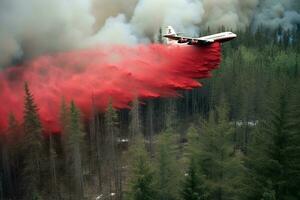 un gigante lucha contra incendios aire petrolero avión volador bajo y liberando un masivo diluvio de fuego retardante productos quimicos sobre el ardiente bosque. generativo ai. foto