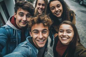A group of friends taking selfies with different facial expressions and poses. Generative AI photo