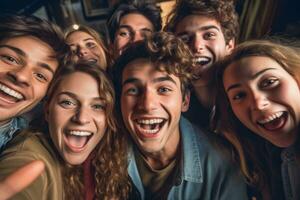 un grupo de amigos tomando selfies con diferente facial expresiones y posa generativo ai foto