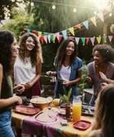 A group of multi ethnic millennials having a BBQ party in a home garden, delicious food and drinks. Fun and relaxed vibe. Generative AI photo