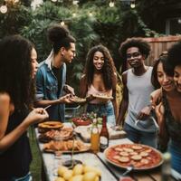 A group of multi ethnic millennials having a BBQ party in a home garden, delicious food and drinks. Fun and relaxed vibe. Generative AI photo