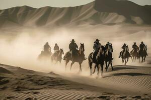 A group of people riding horses across the desert. The horses should be galloping and kicking up dust behind them. Generative AI photo