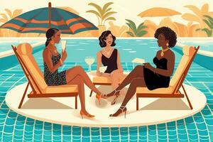 Illustration of a group of three diverse women in are sitting on the edge of a luxurious pool, each wearing a fashionable two-piece swimsuit. Generative AI photo