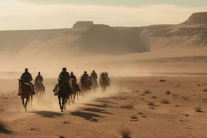 A group of people riding horses across the desert. The horses should be galloping and kicking up dust behind them. Generative AI photo