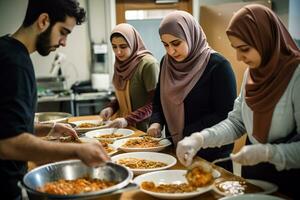 A group of friends volunteering at a local charity during Ramadan. The volunteers be shown in traditional Ramadan attire, with the emphasis on the spirit of giving and compassion. Generative AI photo