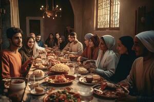 A group of people breaking their fast together. A table full of traditional Ramadan foods in the foreground. Joy and togetherness of the occasion, with the people shown smiling. Generative AI photo