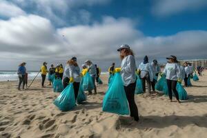 un grupo de voluntarios vistiendo guantes y que lleva reutilizable pantalones participar en un playa limpiar evento. ellos son coleccionar el plastico desperdiciar, incluso botellas, bolsas, y otro escombros. generativo ai foto