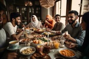 A group of people breaking their fast together. A table full of traditional Ramadan foods in the foreground. Joy and togetherness of the occasion, with the people shown smiling. Generative AI photo