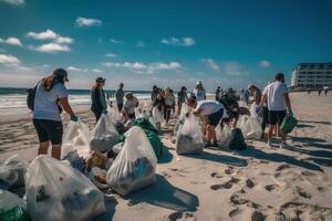 un grupo de voluntarios vistiendo guantes y que lleva reutilizable pantalones participar en un playa limpiar evento. ellos son coleccionar el plastico desperdiciar, incluso botellas, bolsas, y otro escombros. generativo ai foto