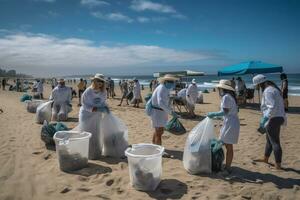 un grupo de voluntarios vistiendo guantes y que lleva reutilizable pantalones participar en un playa limpiar evento. ellos son coleccionar el plastico desperdiciar, incluso botellas, bolsas, y otro escombros. generativo ai foto