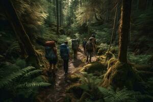 A group of young people hiking through a majestic scenic forest trail, with backpacks, camping gear and water bottles. Concept of adventure and exploration. Generative AI photo