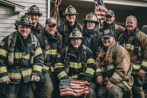 A group photo of a veteran fire station crew, grimy and tired but with smiles on their faces after successfully rescuing an elderly couple. The American flag hanging proudly. Generative AI