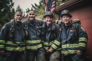 A group photo of a veteran fire station crew, grimy and tired but with smiles on their faces after successfully rescuing an elderly couple. The American flag hanging proudly. Generative AI