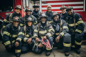 A group photo of a veteran fire station crew, grimy and tired but with smiles on their faces after successfully rescuing an elderly couple. The American flag hanging proudly. Generative AI