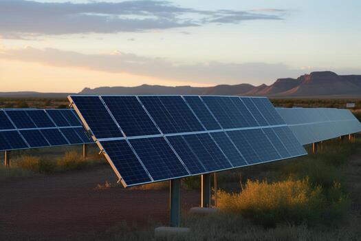 Large solar power plant with rows of photovoltaic panels neatly arranged against a clear blue sky. Representing the harmonious integration of different renewable energy sources. Generative AI. photo