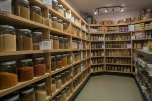 A health food store, with shelves of raw nuts and seeds, nutritional supplements, natural protein powders, cold-pressed oils, organic spices and fresh produce. Generative AI photo