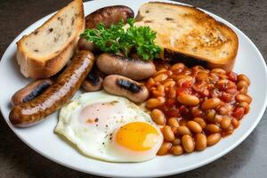 A hearty, full English breakfast, featuring eggs, sausages, grilled tomatoes, mushrooms, baked beans, and toast. Generative AI. photo