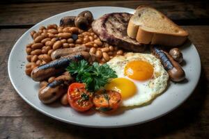 A hearty, full English breakfast, featuring eggs, sausages, grilled tomatoes, mushrooms, baked beans, and toast. Generative AI. photo