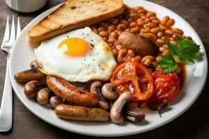 A hearty, full English breakfast, featuring eggs, sausages, grilled tomatoes, mushrooms, baked beans, and toast. Generative AI. photo
