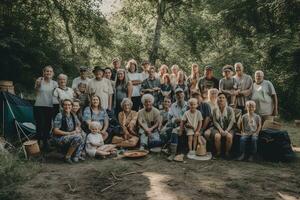 A heartwarming, group photo of a multi-generational family camping trip, capturing grandparents, parents, and children sharing the joys of summer camping traditions. Generative AI