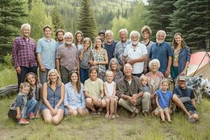 A heartwarming, group photo of a multi-generational family camping trip, capturing grandparents, parents, and children sharing the joys of summer camping traditions. Generative AI