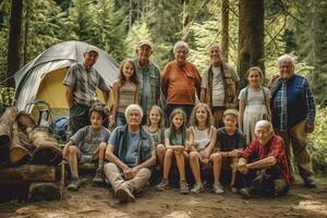 A heartwarming, group photo of a multi-generational family camping trip, capturing grandparents, parents, and children sharing the joys of summer camping traditions. Generative AI