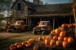 A jack o lantern barn, its rotting wooden doors gaping open to reveal piles upon piles of pumpkins waiting to be carved for Halloween. photo