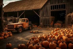 A jack o lantern barn, its rotting wooden doors gaping open to reveal piles upon piles of pumpkins waiting to be carved for Halloween. photo