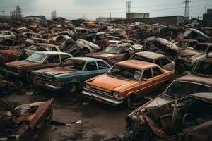 A junkyard filled with dozens of old, wrecked cars in various states of disrepair. Dismantling for parts at scrap yards and sending for remelting. Generative AI photo