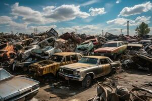 A junkyard filled with dozens of old, wrecked cars in various states of disrepair. Dismantling for parts at scrap yards and sending for remelting. Generative AI photo