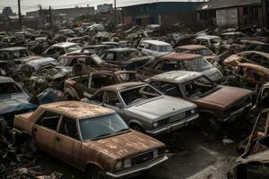 A junkyard filled with dozens of old, wrecked cars in various states of disrepair. Dismantling for parts at scrap yards and sending for remelting. Generative AI photo